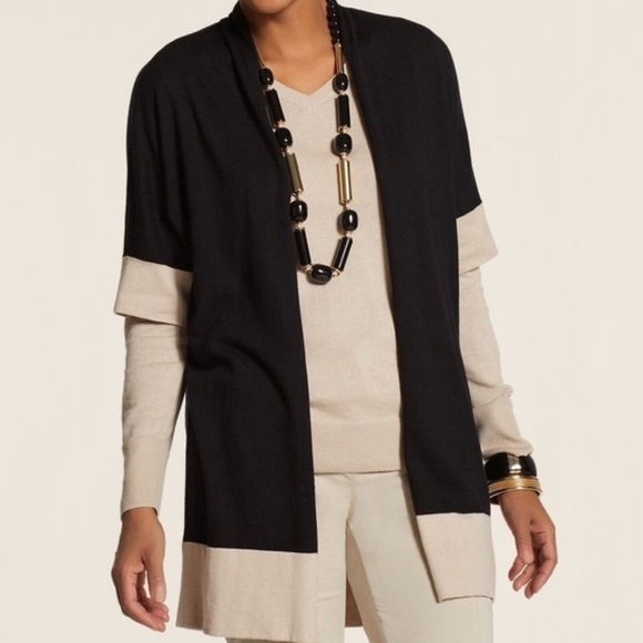 Chicos 3/XL Black Tan Longline Short Sleeve Open Front Erica Colorblock Cardigan - Picture 1 of 8